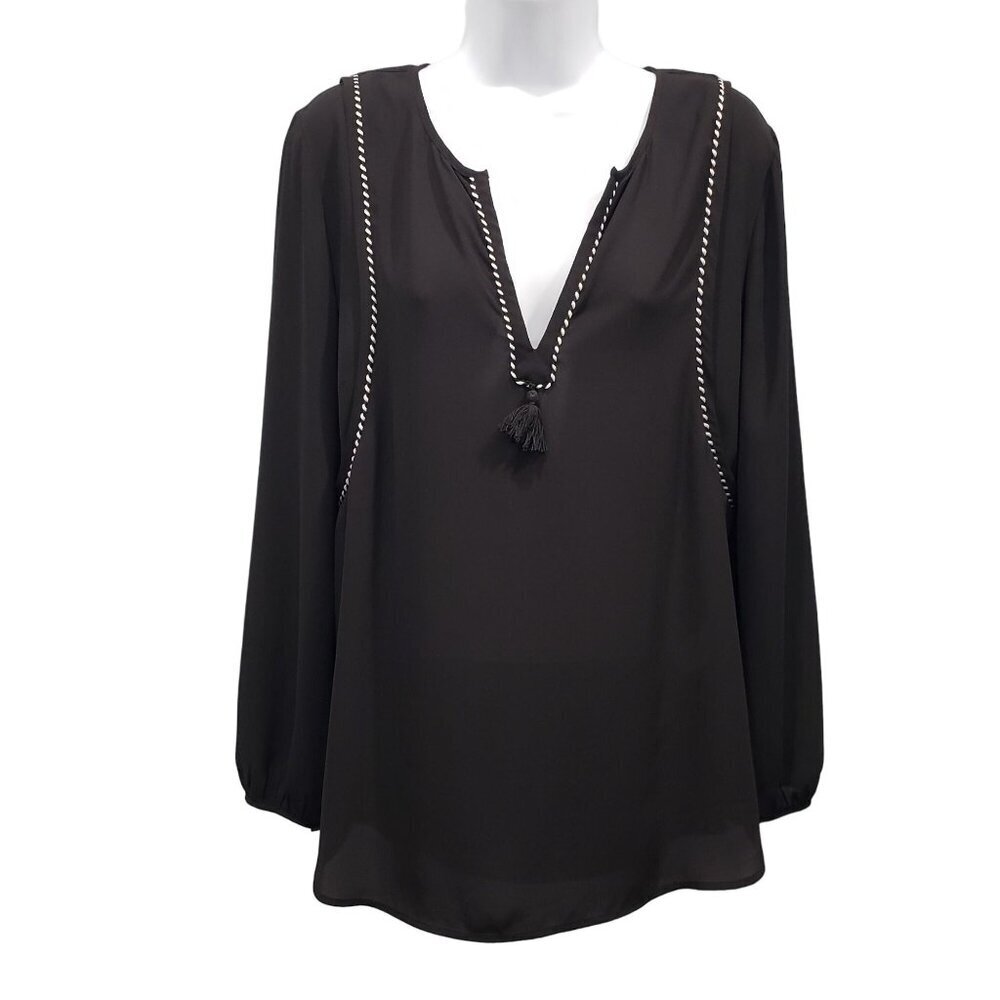J.Crew Chiffon Blouse Popover Long Sleeve Rope Trim Boho Workwear Black Womens 4